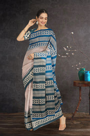 Beige Printed Tussar Silk Saree 10076294