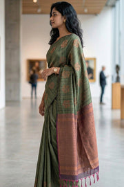 Kombu Green Jute Weave Kanjivaram Vegan Silk Saree 10074648