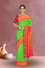 Gadwal Kuttu Weave Handloom Silk Saree in Parrot Green Colour with Chilly Red Zari Border & Pallu 10066244
