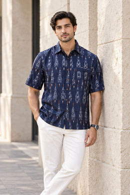 Dark Blue Half Sleeve Handloom Ikat Cotton Men's Shirt 10077859