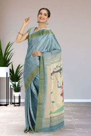 Blue Handloom Paithani Cotton Saree with Silk Pallu 10068439