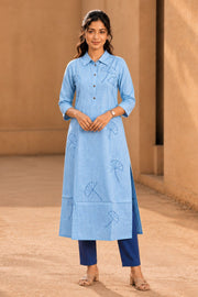 Powder Blue Embroidered Cotton Shirt Style Kurta 10077671