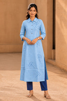Powder Blue Embroidered Cotton Shirt Style Kurta 10077671