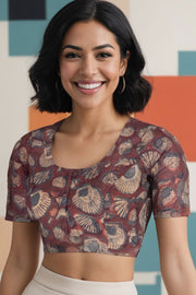 Marron Hand Block Jahota Printed Cotton Blouse10074991