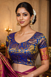 Majestic Blue Kanjivaram Silk Blouse With Floral Zari Border And Motifs 10076610