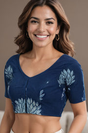 Blue Bouquet Motif Indigo Hand Block Print Cotton Blouse 10074634