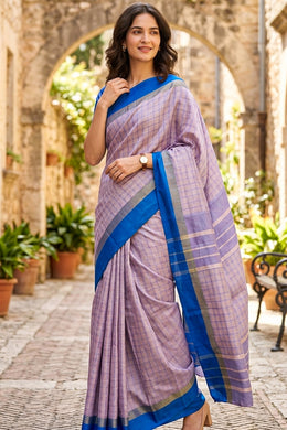 Lavender Vegan Silk Kanjivaram Saree With Checks Design 10076311