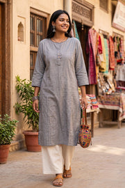 Grey Handcrafted Stripes Kurta 10077469