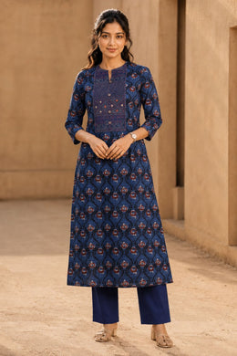 Blue Hand Block Printed Cotton Kurta 10077667