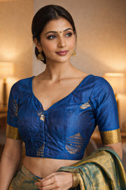 Royal Peacock Blue Kanjivaram Soft Silk Blouse With Geometric Motifs and Zari Border 10076623