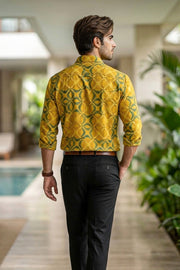 Yellow Full Sleeve Ajrakh Printed Cotton Mens Shirt 10076864