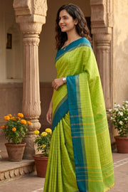 Green Vegan Silk Kanjivaram Saree With Checks Design 10076313