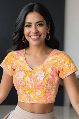 Yellow Handblock Printed Cotton Blouse 10075219