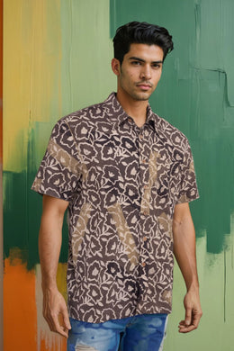 Brown Half Sleeve Ajrakh Printed Cotton Mens Shirt 10072908