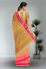 Yellow Handloom Chettinad Cotton Saree With Peacock Border 10075914