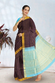 Dark Brown Kanjivaram Silk Saree with Checks Design 10075532
