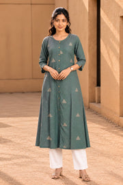 Green Cotton Hand Embroidered Kurta 10077670