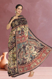 Green Kalamkari Printed Malai Cotton Saree 10074688