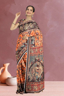 Orange Kalamkari Printed Malai Cotton Saree 10074693