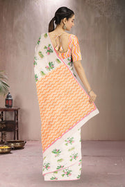 White Printed Chanderi Saree 10064679