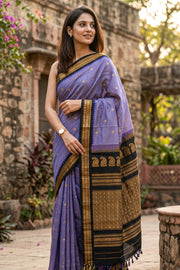 Purple Handloom Kuttu Gadwal Cotton Saree With Silk Zari Border 10077073