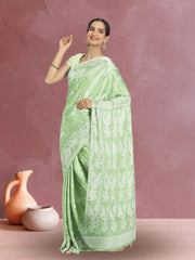 Green Handloom Jamdani Style Cotton Saree with Blouse 10074222