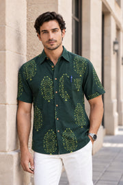 Green Indigo Handblock Print Cotton Mens Half Sleeve Shirt 10076846