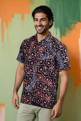 Black Half Sleeve Ajrakh Printed Cotton Mens Shirt 10072714