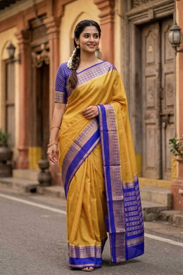 Desert Gold Beige with Blue Mysore Crepe Silk Saree With Zari Border 10076663