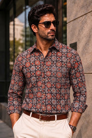 Black Full Sleeve Ajrakh Printed Cotton Mens Shirt 10071155