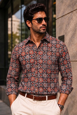 Black Full Sleeve Ajrakh Printed Cotton Mens Shirt 10071155