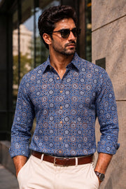 Blue Full Sleeve Ajrakh Printed Cotton Mens Shirt 10071157