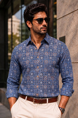 Blue Full Sleeve Ajrakh Printed Cotton Mens Shirt 10071157