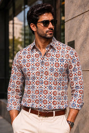 Cream Full Sleeve Ajrakh Printed Cotton Mens Shirt 10071159