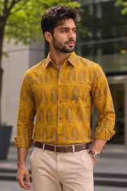 Mustard Yellow Full Sleeve Ajrakh Printed Cotton Mens Shirt 10071154
