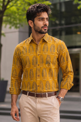Mustard Yellow Full Sleeve Ajrakh Printed Cotton Mens Shirt 10071154