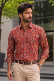 Red Full Sleeve Ajrakh Printed Cotton Mens Shirt 10071158