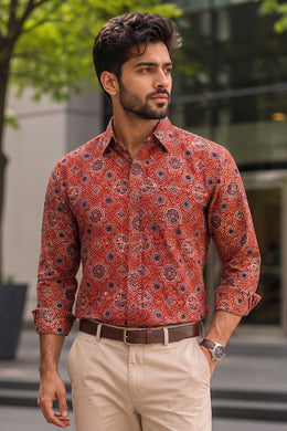 Red Full Sleeve Ajrakh Printed Cotton Mens Shirt 10071158