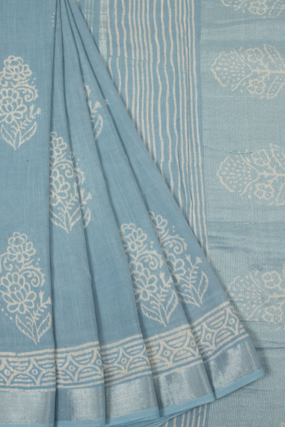 Blue Hand Block Printed Linen Saree - Avishya