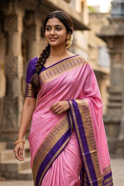 Rose Petal Pink Mysore Crepe Silk Saree With Zari Border 10076671
