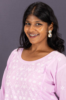 Pink Chikankari Embroidery Cotton Kurta 10074394