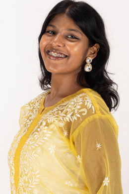 Yellow Chikankari Embroidery Organza Kurta 10074387