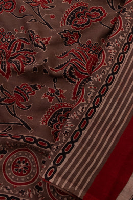Wood Brown Ajrakh Printed Mulmul Cotton Saree With Floral Motifs and Geometric Border 10076520
