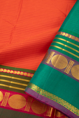 Papaya Coral Orange Kanjivaram Pure Silk Saree With Stripes Design And Thandavalam Border 10076776