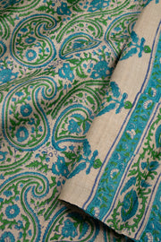 Almond Beige Printed Tussar Silk Saree with Ocean Jade Blue Paisley Motifs 10076454