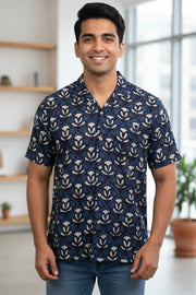 Blue Half Sleeve Jahota Printed Cotton Mens Shirt 10074324