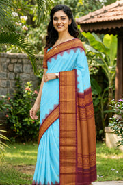 Ice Blue Gadwal Kuttu Handloom Silk Saree With Meroon Zari Border and Pallu 10077200