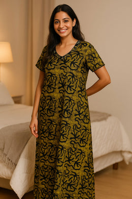 Yellow Batik Printed Cotton Nightwear 10076178