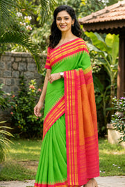 Parrot Green Gadwal Kuttu Handloom Silk Saree With Temple Border 10077204