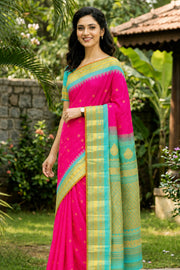 Hot Rose Pink Handloom Gadwal Silk Saree With Temple Border 10077205